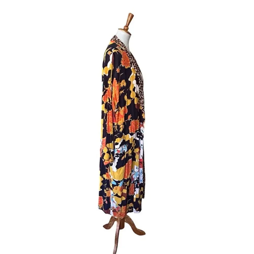 Free People Wild Nights Mixed Print Floral Leopard Duster Kimono L